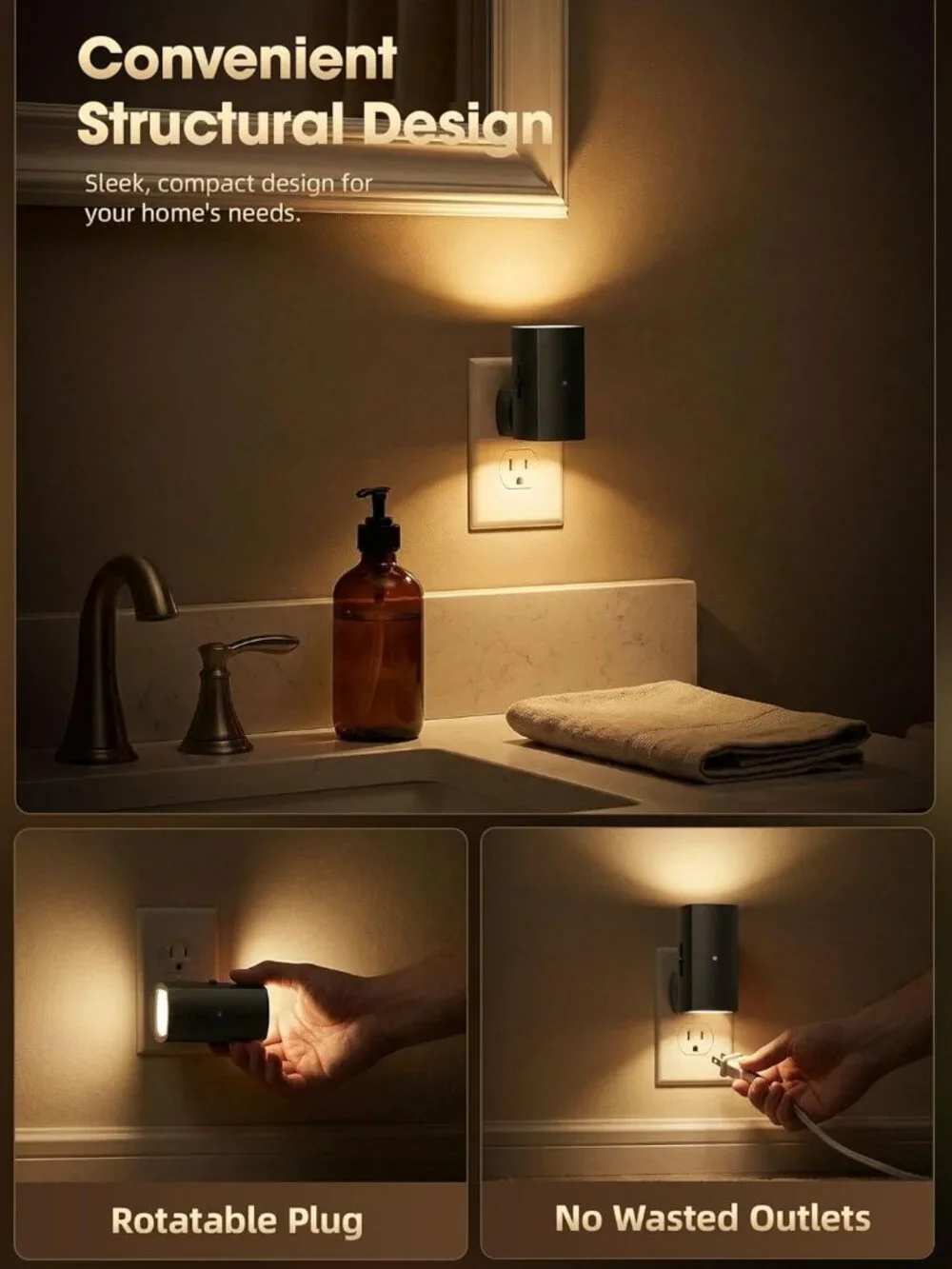 2 Pack Modern Plug-in Night Lights with Rotating Plug & Dusk to Dawn Sensor